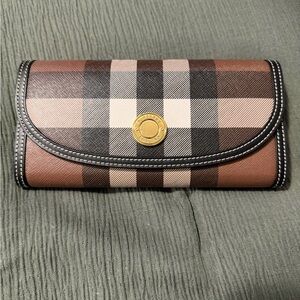 Burberry Brown Plaid Trifold Wallet with Gold Snap Dark Birch Brown